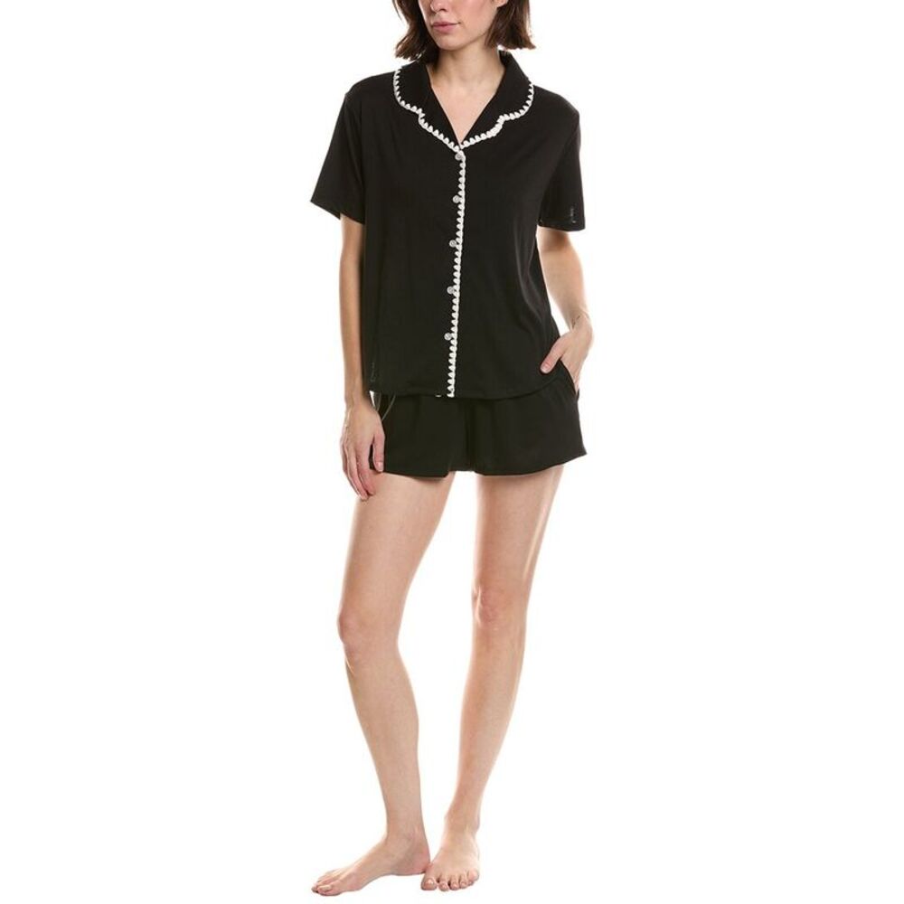 Flora By Flora Nikrooz Womens  2Pc Solid Knit Notch Collar Short Set, Black